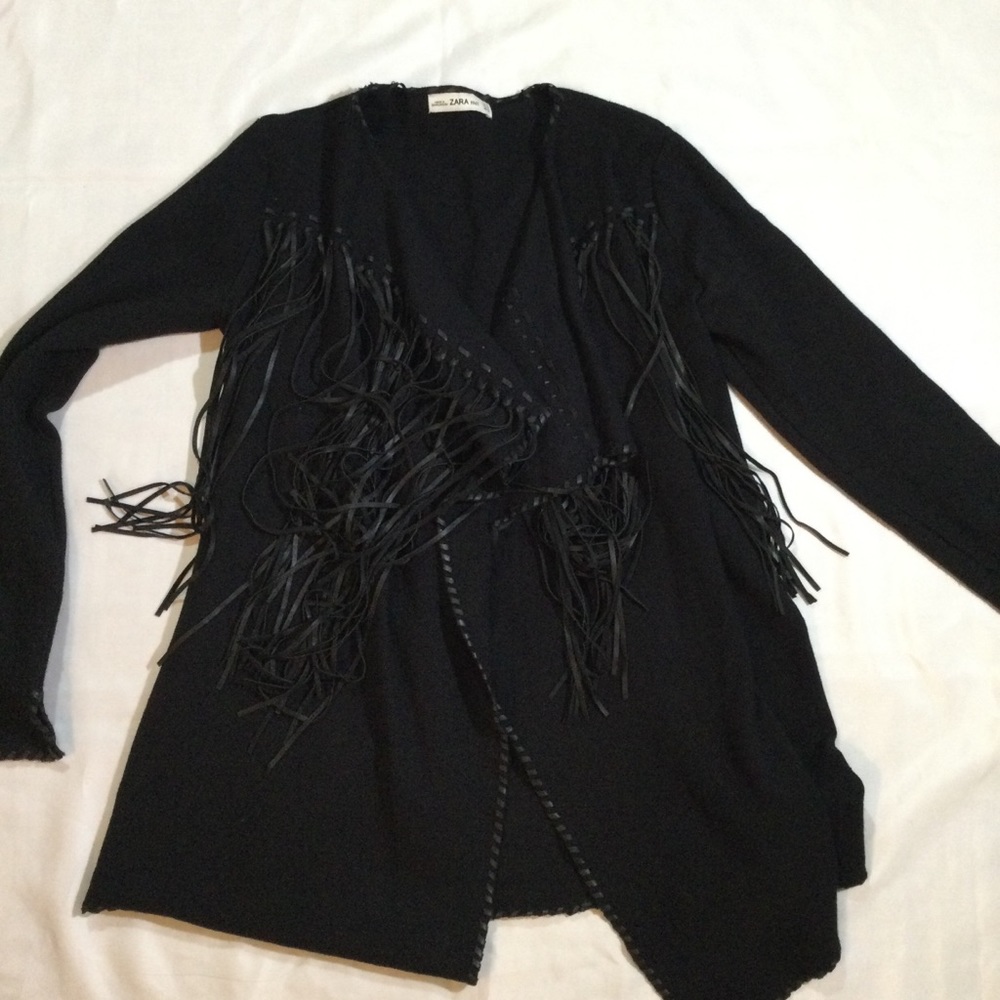 Zara Size M Open Front Leather Fringe Cardigan - Picture 2 of 9
